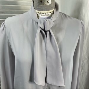 VTG tie front secretary blouse silver gray career top bow & button up size 14
